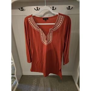 Verve Ami Orange/red off shoulder Embroidered Vneck Sweater tunic